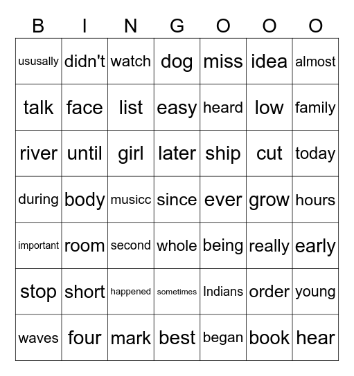 Sight Words Bingo Card
