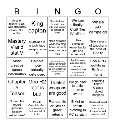 Pso2 headline 2/27/2023 Bingo Card