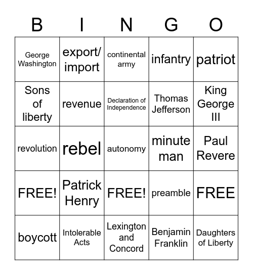 American Revolution Bingo Card