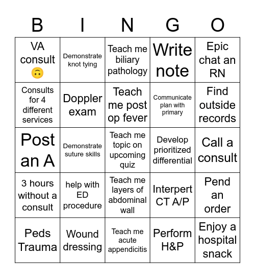 ESS Med Student Bingo Card