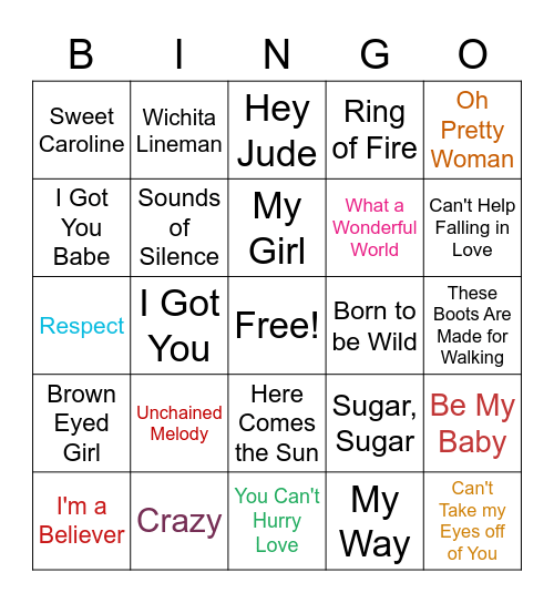 60s Musical Bingo Card