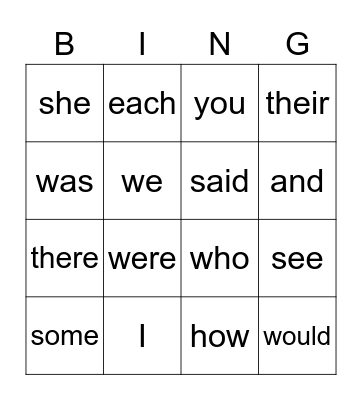 Sight words Bingo Card