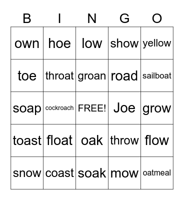 oa, ow, oe, Bingo Card