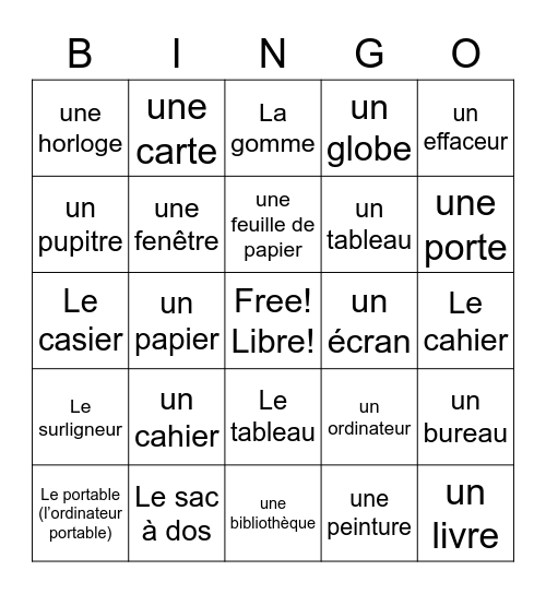 French Classroom Objects Bingo - 7 Bingo Card