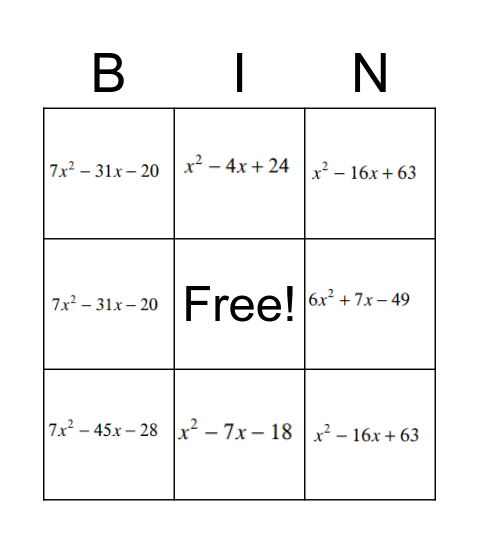 Factoring Quadratic Bingo Card