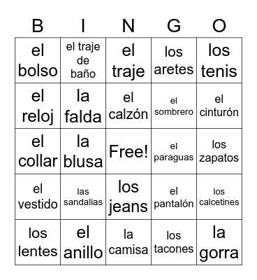 Vocabulario de capítulo 8 Bingo Card