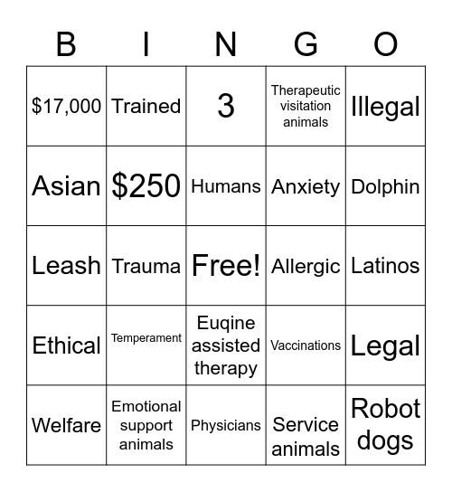 Animal Therapy Bingo Card