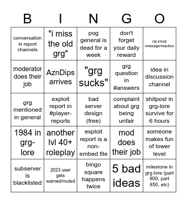 GRG Discord Bingo 3.0 [INTENTIONAL BINGO MESSAGES DO NOT COUNT] !! Bingo Card