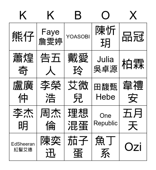 第18屆KKBOX風雲榜 Bingo Card