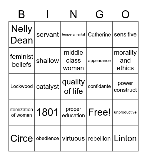 Wuthering Heights BINGO (The Role of Women) Bingo Card