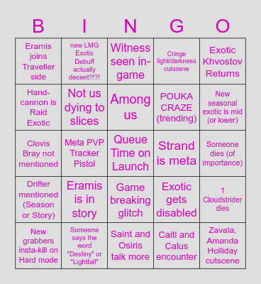 Destiny Bingo Card