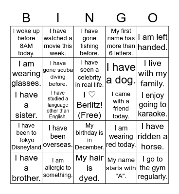 Berlitz Bingo Card