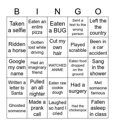 Never Have I Ever Bingo Card