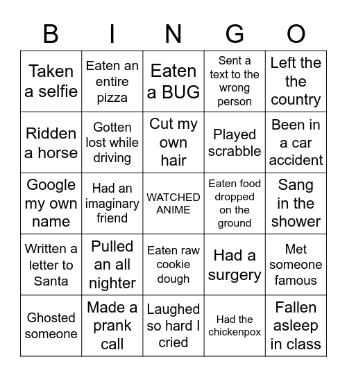 Never Have I Ever Bingo Card