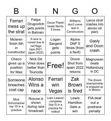 F1 2023 Bingo! Bingo Card