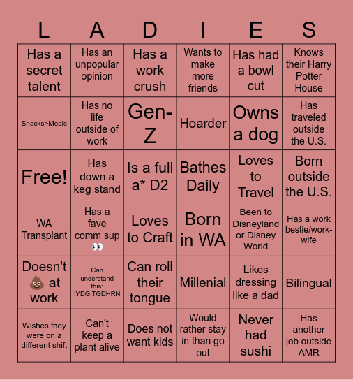 Ladies Night Bingo Card