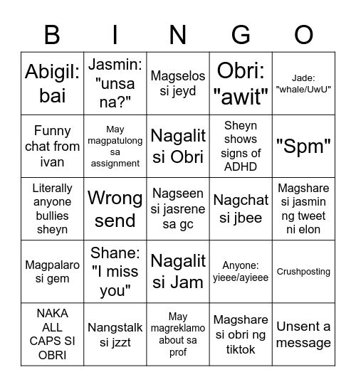 Dysfunctional Bingo Card