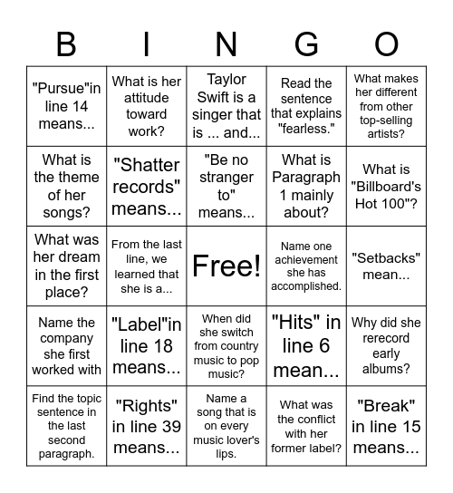 Taylor Swift Making Records and Breaking Records Bingo Card