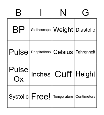 Vital Signs Bingo Card