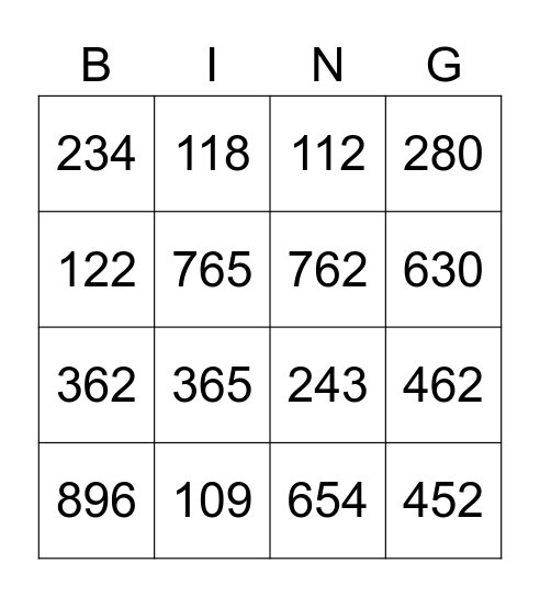 Numeros del 100-1000 Bingo Card