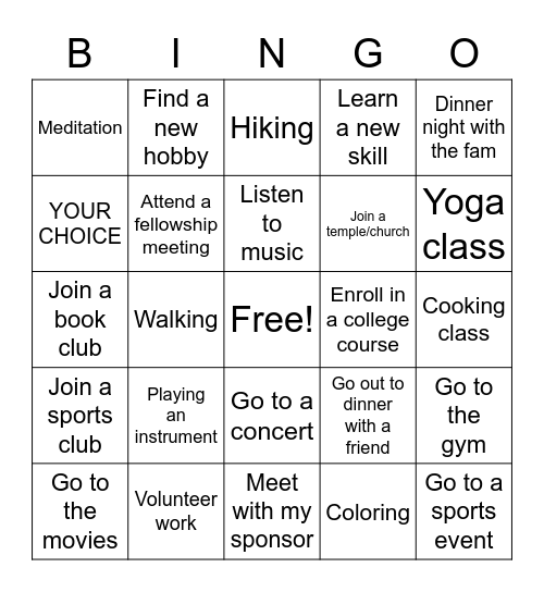 Things To Do! Bingo Card