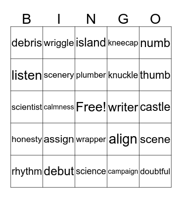 Silent Letter Bingo Card