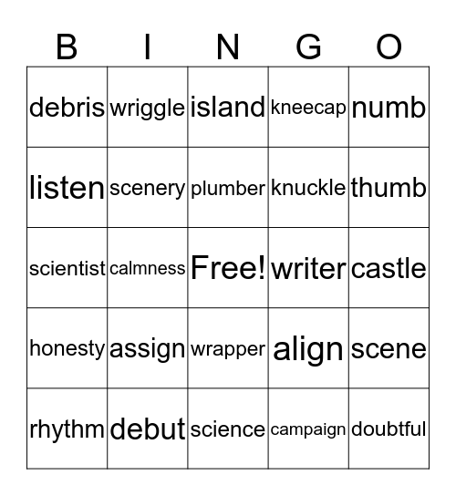 Silent Letter Bingo Card