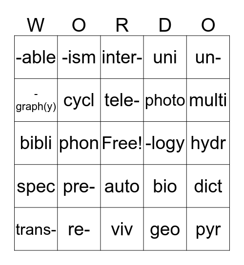 English Bingo -- Wordo! Bingo Card