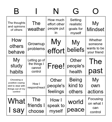 I Can Control / I Cannot Control Bingo Card