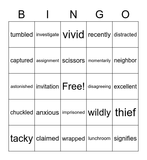 Vocabulary BINGO Card