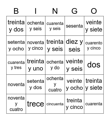 Spanish Numbers 0-100 Bingo Card