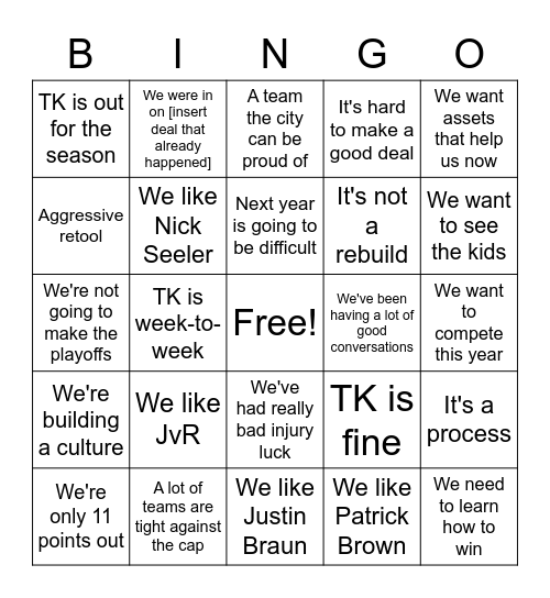 Chuck Fletcher Trade Deadline Bingo Card