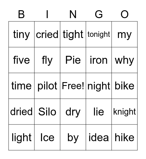 Long I Bingo Card