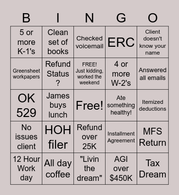 Tax Season BINGO Card