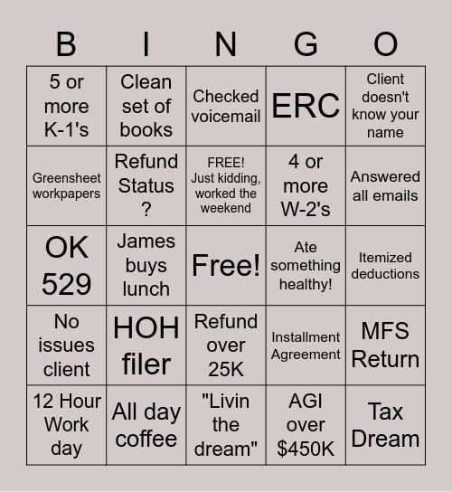 Tax Season BINGO Card