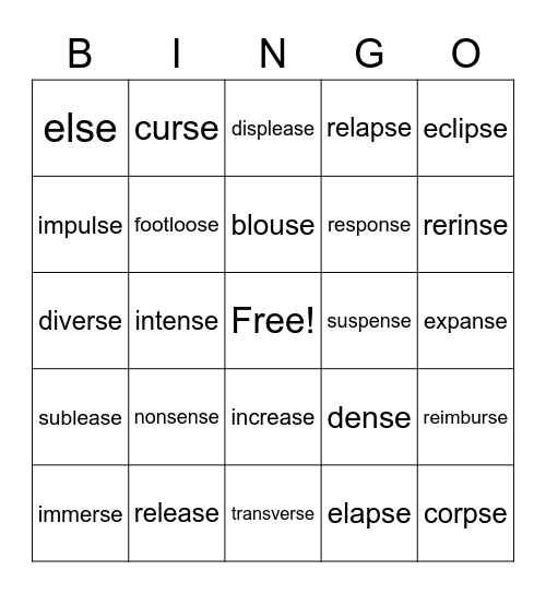 -se at end means not plural Bingo Card