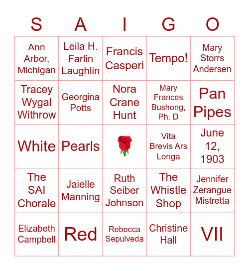 Sigma Alpha Iota Bingo Card