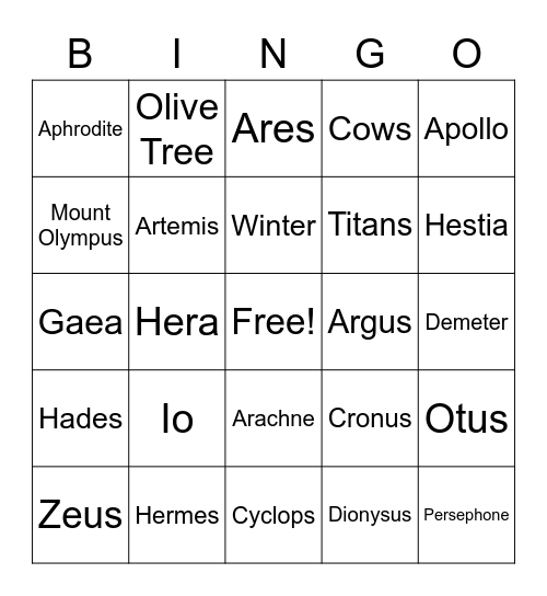 Greek Gods and Goddesses Bingo Card