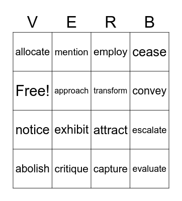 EW Verbs of the Day Bingo Card