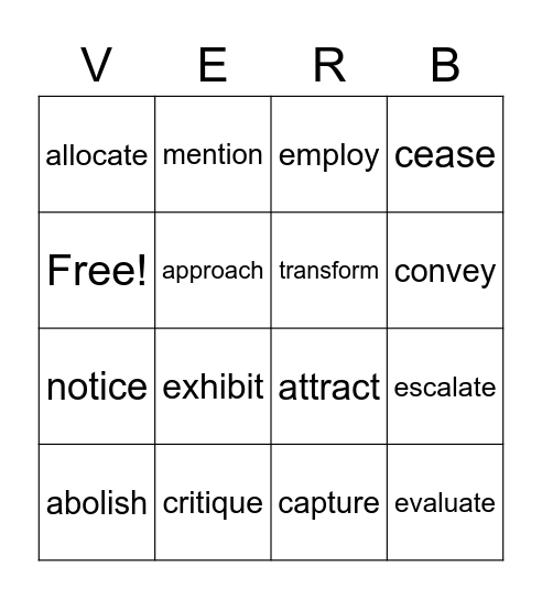 EW Verbs of the Day Bingo Card