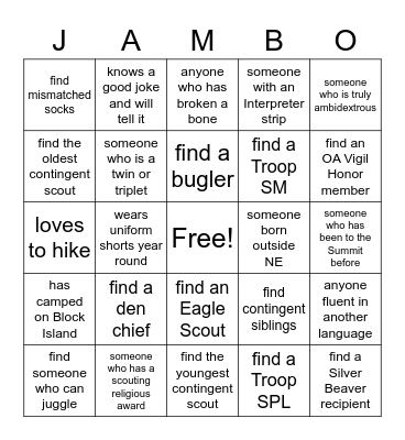 2023 NCBSA Jamboree Contingent Icebreaker Bingo Card