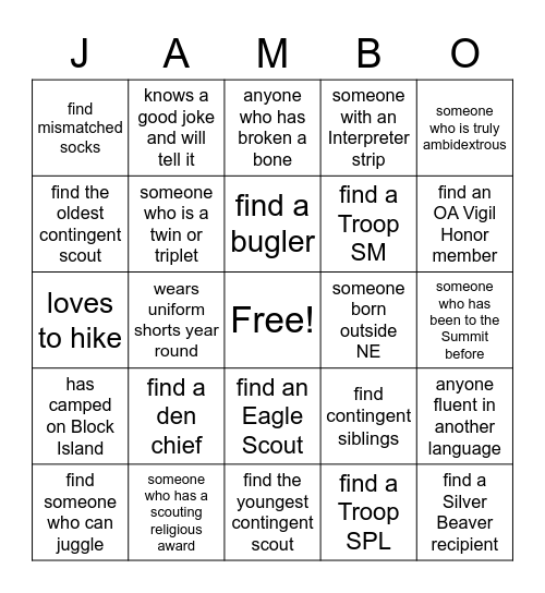 2023 NCBSA Jamboree Contingent Icebreaker Bingo Card