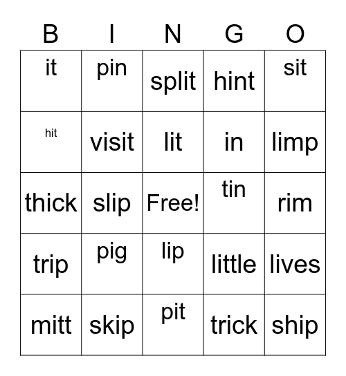 short /i/ Bingo Card