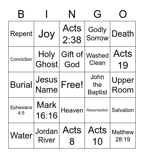 Baptism Game Bingo Card