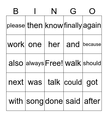 Trick Words Bingo Card