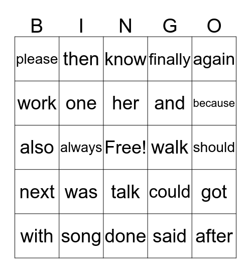 Trick Words Bingo Card