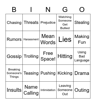 Bullying Bingo Card