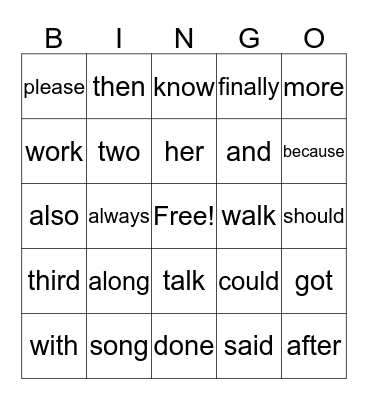 Trick Words Bingo Card