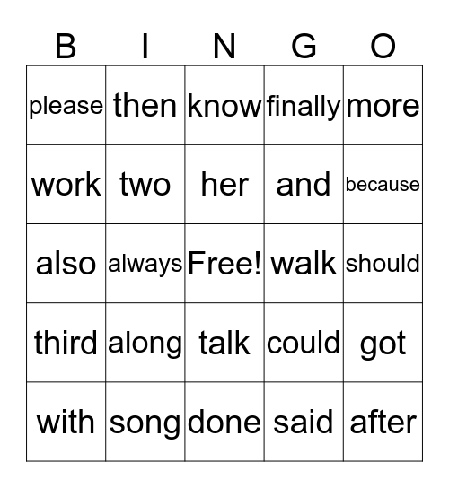 Trick Words Bingo Card