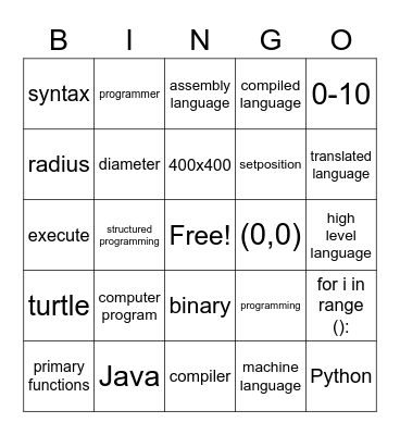 Programming and Logic Lesson 1 Bingo Card